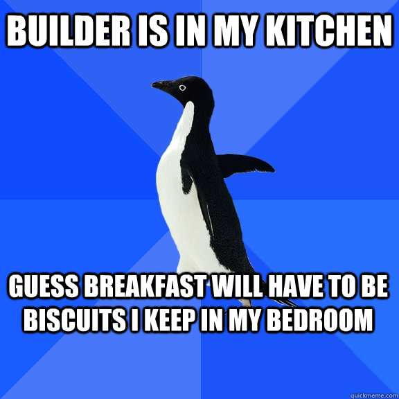 Builder is in my Kitchen Guess breakfast will have to be biscuits i keep in my bedroom  Socially Awkward Penguin