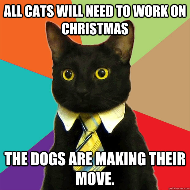 All cats will need to work on Christmas the dogs are making their move.  Business Cat