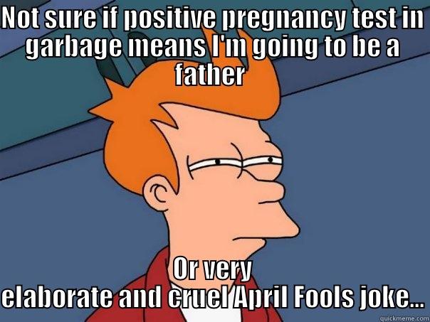 NOT SURE IF POSITIVE PREGNANCY TEST IN GARBAGE MEANS I'M GOING TO BE A FATHER  OR VERY ELABORATE AND CRUEL APRIL FOOLS JOKE... Futurama Fry