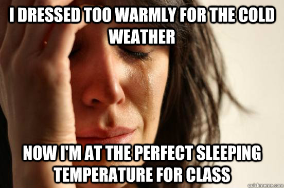 I dressed too warmly for the cold weather now i'm at the perfect sleeping temperature for class  First World Problems