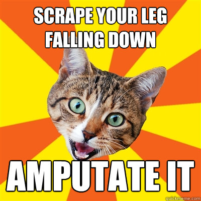 scrape your leg falling down amputate it  Bad Advice Cat