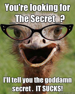 You're looking for _The Secret_?  I'll tell you the goddamn secret .  IT SUCKS!   Judgmental Bookseller Ostrich