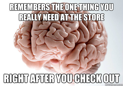 Remembers the one thing you really need at the store Right after you check out  Scumbag Brain