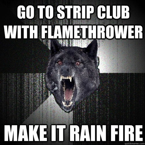 Go to strip club with flamethrower make it rain fire  Insanity Wolf