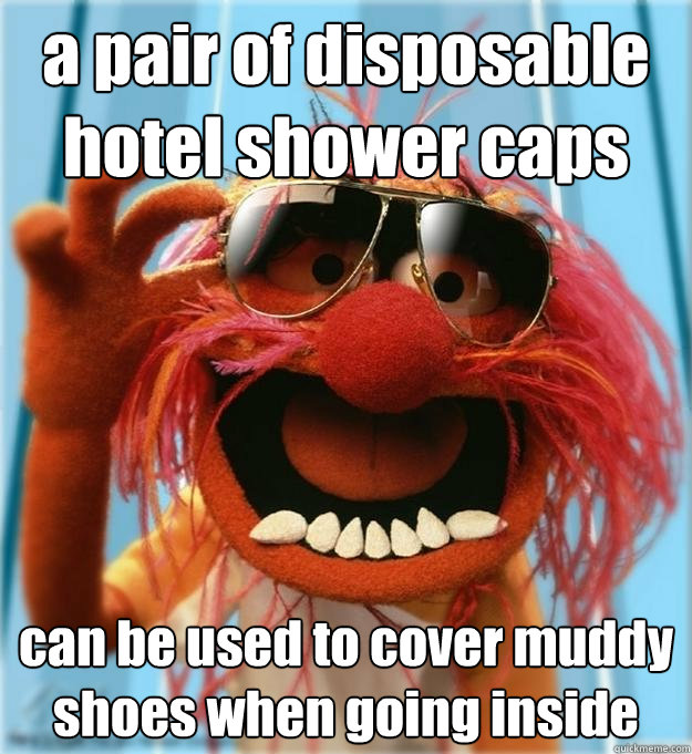 a pair of disposable hotel shower caps can be used to cover muddy shoes when going inside  Advice Animal