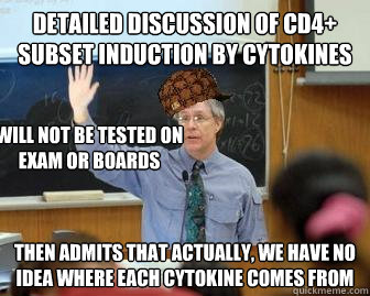 Detailed discussion of CD4+ Subset Induction by Cytokines Then admits that actually, we have no idea where each cytokine comes from WILL NOT BE TESTED ON EXAM OR BOARDS - Detailed discussion of CD4+ Subset Induction by Cytokines Then admits that actually, we have no idea where each cytokine comes from WILL NOT BE TESTED ON EXAM OR BOARDS  Scumbag Professor