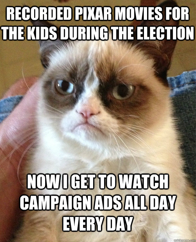 Recorded pixar movies for the kids during the election Now I get to watch campaign ads all day every day  Grumpy Cat