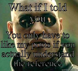 WHAT IF I TOLD YOU YOU ONLY HAVE TO LIKE MY POSTS IF YOU ACTUALLY UNDERSTAND THE REFERENCE Matrix Morpheus