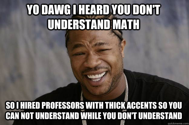 YO DAWG I HEARd you don't understand math so I hired professors with thick accents so you can not understand while you don't understand  Xzibit meme