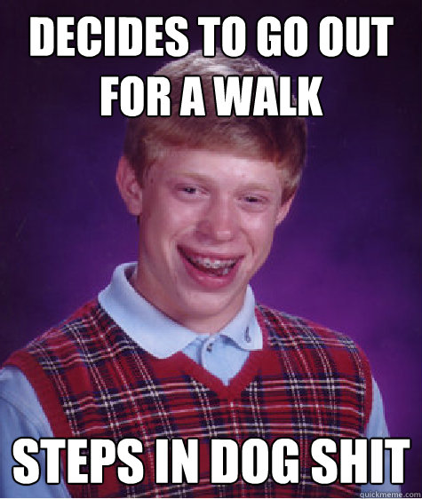 Decides to go out for a walk
 steps in dog shit
  Bad Luck Brian