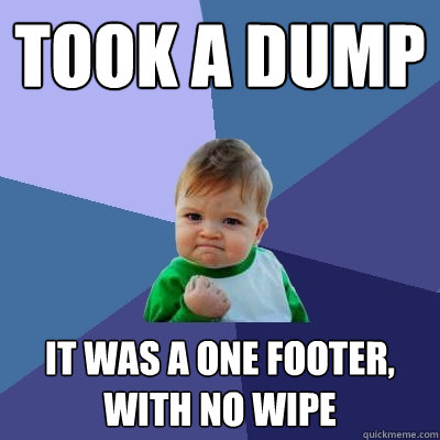 Took a dump it was a one footer, with no wipe  Success Kid