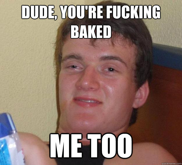 Dude, you're fucking baked Me too  10 Guy