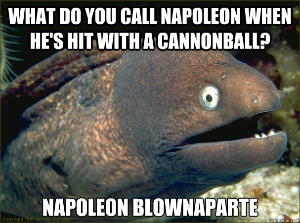 what do you call napoleon when he's hit with a cannonball? Napoleon Blownaparte - what do you call napoleon when he's hit with a cannonball? Napoleon Blownaparte  Bad Joke Eel