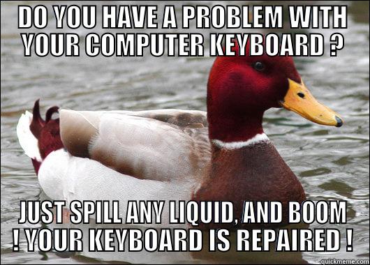 DO YOU HAVE A PROBLEM WITH YOUR COMPUTER KEYBOARD ? JUST SPILL ANY LIQUID, AND BOOM ! YOUR KEYBOARD IS REPAIRED ! Malicious Advice Mallard