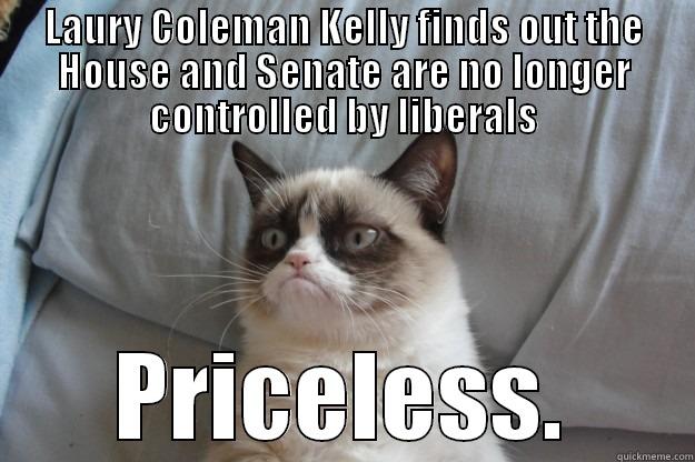 LAURY COLEMAN KELLY FINDS OUT THE HOUSE AND SENATE ARE NO LONGER CONTROLLED BY LIBERALS PRICELESS. Grumpy Cat