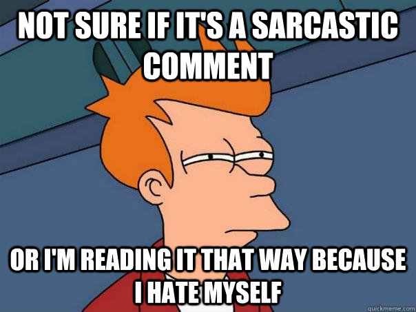 Not sure if it's a sarcastic comment or i'm reading it that way because i hate myself - Not sure if it's a sarcastic comment or i'm reading it that way because i hate myself  Futurama Fry