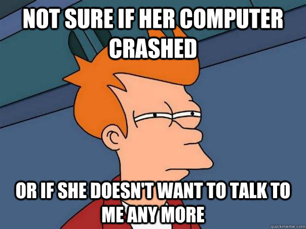 Not sure if her computer crashed or if she doesn't want to talk to me any more  Futurama Fry