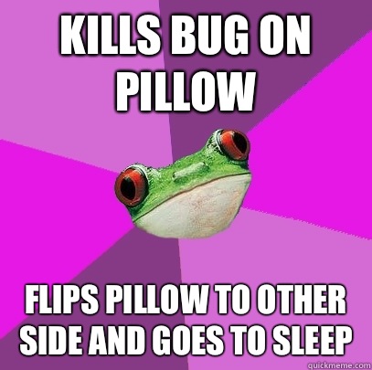 Kills bug on pillow Flips pillow to other side and goes to sleep  Foul Bachelorette Frog