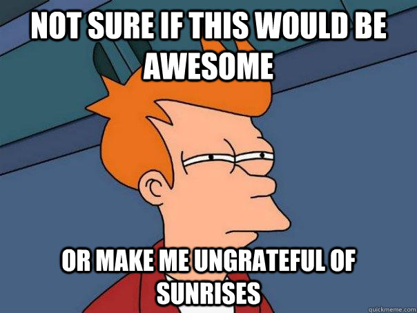 Not sure if this would be awesome Or make me ungrateful of sunrises  - Not sure if this would be awesome Or make me ungrateful of sunrises   Futurama Fry