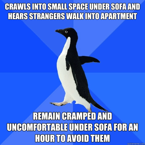 Crawls into small space under sofa and hears strangers walk into apartment  Remain cramped and uncomfortable under sofa for an hour to avoid them  Socially Awkward Penguin