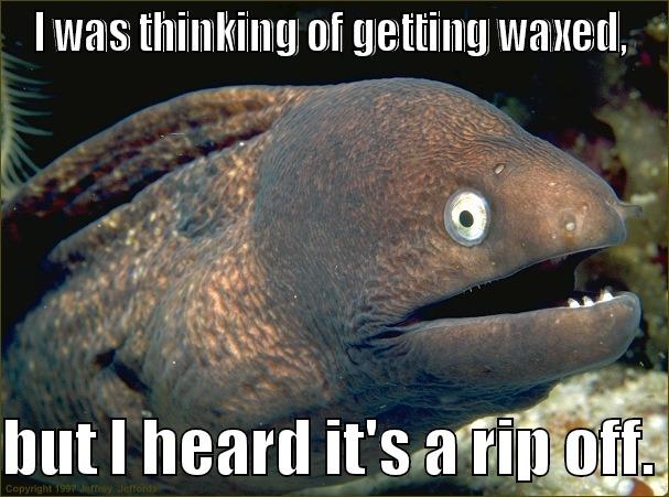 I WAS THINKING OF GETTING WAXED,  BUT I HEARD IT'S A RIP OFF. Bad Joke Eel