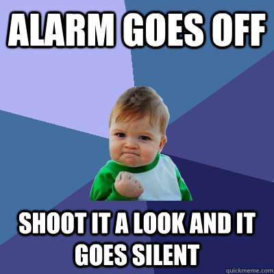 Alarm goes off Shoot it a look and it goes silent  Success Kid