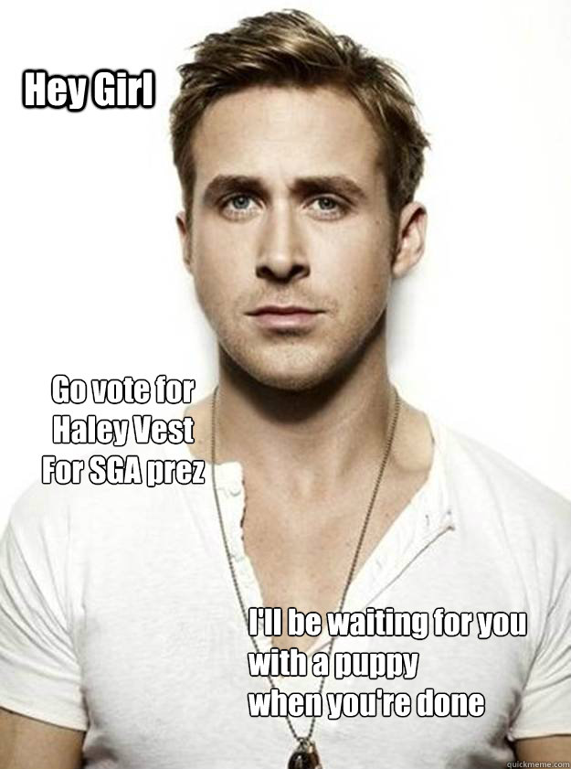 Hey Girl Go vote for 
Haley Vest
For SGA prez I'll be waiting for you with a puppy
when you're done  Ryan Gosling Hey Girl