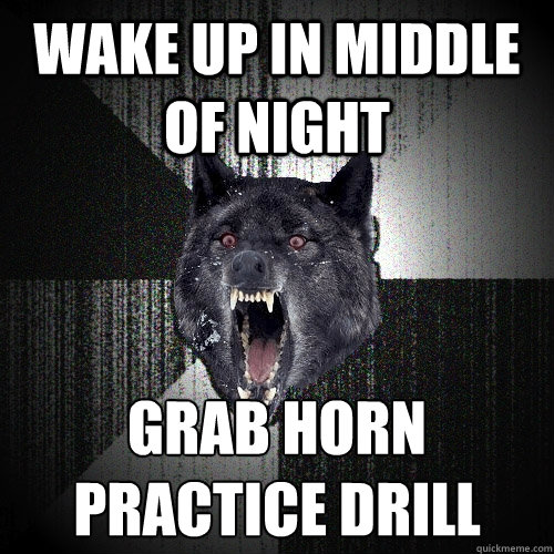 wake up in middle of night grab horn
practice drill  Insanity Wolf