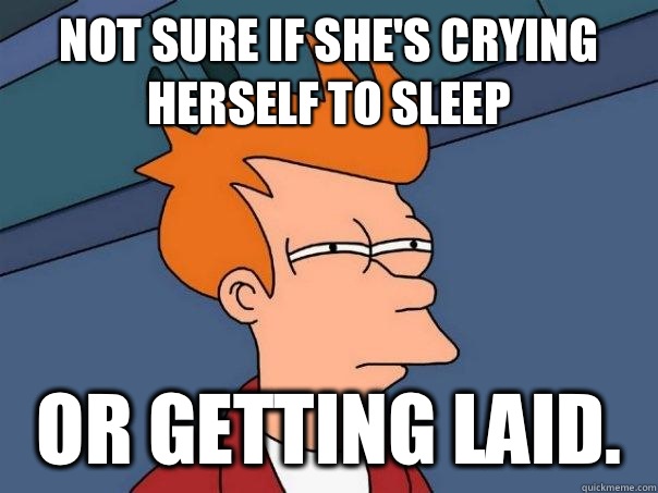 Not sure if she's crying herself to sleep  Or getting laid.  Futurama Fry