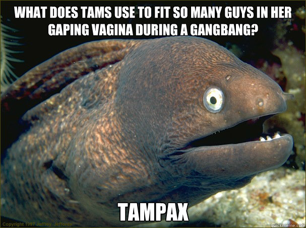 What does Tams use to fit so many guys in her gaping vagina during a gangbang? Tampax - What does Tams use to fit so many guys in her gaping vagina during a gangbang? Tampax  Bad Joke Eel