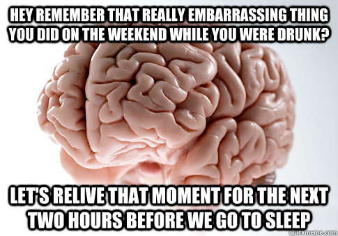 Hey Remember that really embarrassing thing you did on the weekend while you were drunk? let's relive that moment for the next two hours before we go to sleep  Scumbag Brain