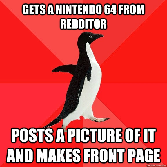 Gets a Nintendo 64 from Redditor posts a picture of it and makes front page  Socially Awesome Penguin