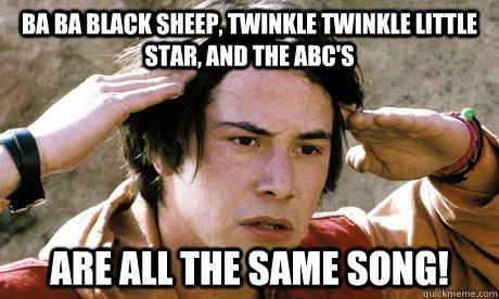 Ba ba black sheep, twinkle twinkle little star, and the abc's are all the same song!  