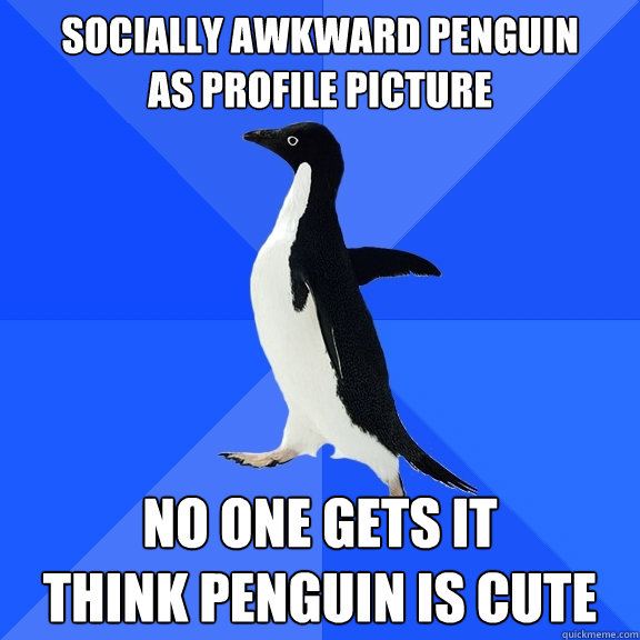 Socially awkward penguin
as profile picture no one gets it
think penguin is cute  Socially Awkward Penguin