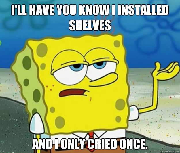 I'll have you know I installed shelves And I only cried once.  Tough Spongebob