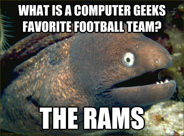 What is a computer geeks favorite football team? The Rams  Bad Joke Eel