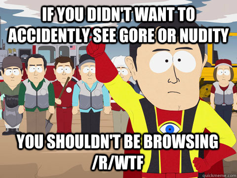 if you didn't want to accidently see gore or nudity You shouldn't be browsing /r/wtf  Captain Hindsight