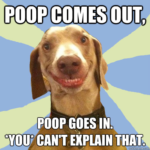 Poop comes out, Poop goes in.
*YOU* can't explain that.  Disgusting Doggy