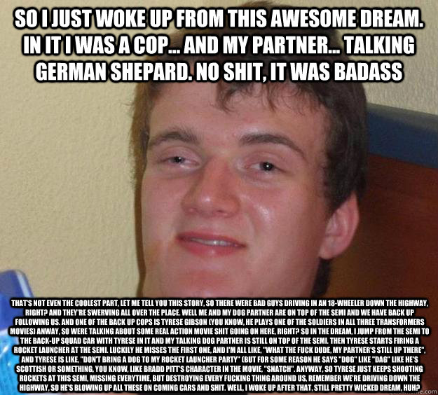 so i just woke up from this awesome dream. in it i was a cop... and my partner... talking german shepard. no shit, it was badass that's not even the coolest part, let me tell you this story, so there were bad guys driving in an 18-wheeler down the highway  10 Guy