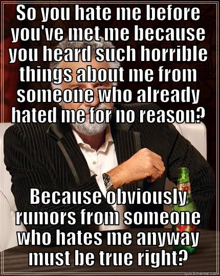 SO YOU HATE ME BEFORE YOU'VE MET ME BECAUSE YOU HEARD SUCH HORRIBLE THINGS ABOUT ME FROM SOMEONE WHO ALREADY HATED ME FOR NO REASON? BECAUSE OBVIOUSLY RUMORS FROM SOMEONE WHO HATES ME ANYWAY MUST BE TRUE RIGHT? The Most Interesting Man In The World