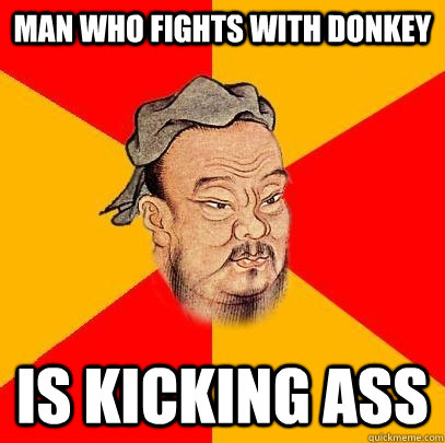 man who fights with donkey is kicking ass  Confucius says