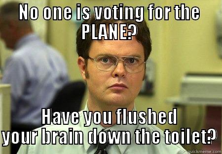 NO ONE IS VOTING FOR THE PLANE? HAVE YOU FLUSHED YOUR BRAIN DOWN THE TOILET? Schrute