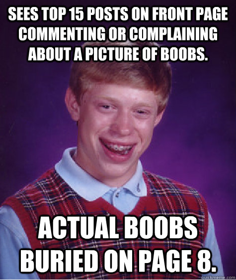 Sees Top 15 posts on front page commenting or complaining about a picture of boobs. Actual boobs buried on page 8.  Bad Luck Brian