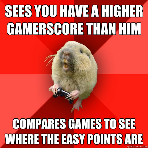 sees you have a higher Gamerscore than him compares games to see where the easy points are  Gaming Gopher