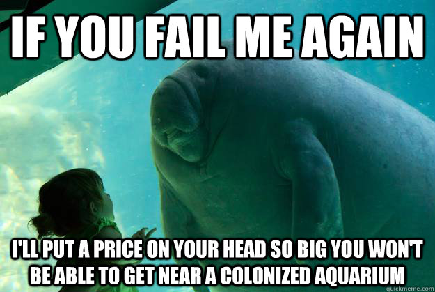 If you fail me again I'll put a price on your head so big you won't be able to get near a colonized aquarium - If you fail me again I'll put a price on your head so big you won't be able to get near a colonized aquarium  Overlord Manatee