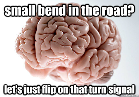 small bend in the road? let's just flip on that turn signal  Scumbag Brain