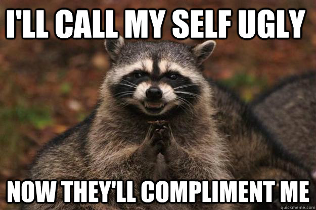 I'll call my self ugly Now they'll compliment me - I'll call my self ugly Now they'll compliment me  Evil Plotting Raccoon