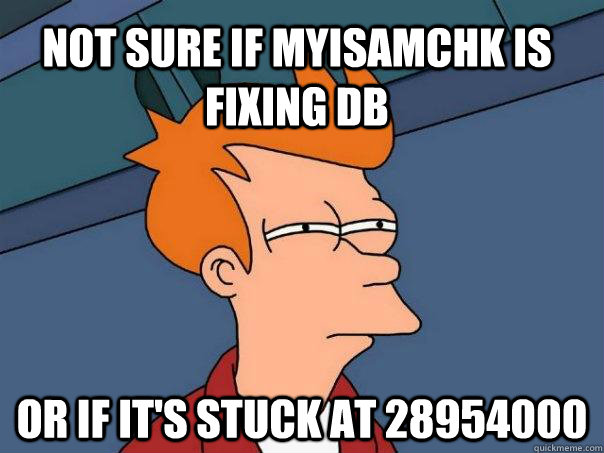 Not sure if myisamchk is fixing DB Or if it's stuck at 28954000  Futurama Fry