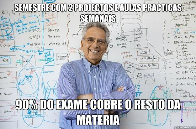 semestre com 2 projectos e aulas practicas semanais 90% do exame cobre o resto da materia  Engineering Professor