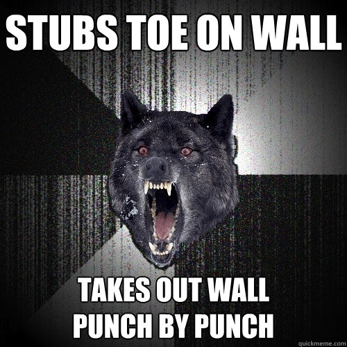 stubs toe on wall takes out wall             punch by punch  Insanity Wolf